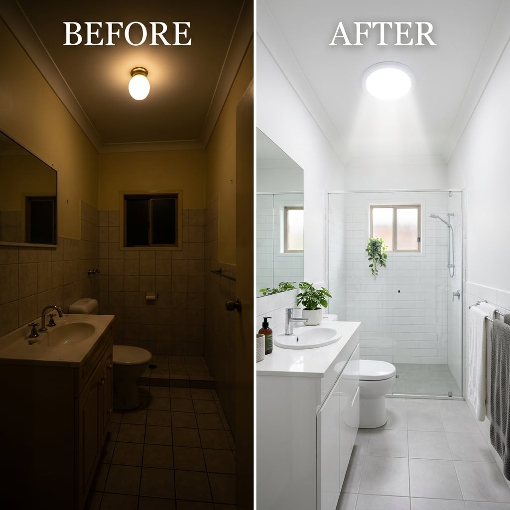 Bathroom before and after Solatube installation