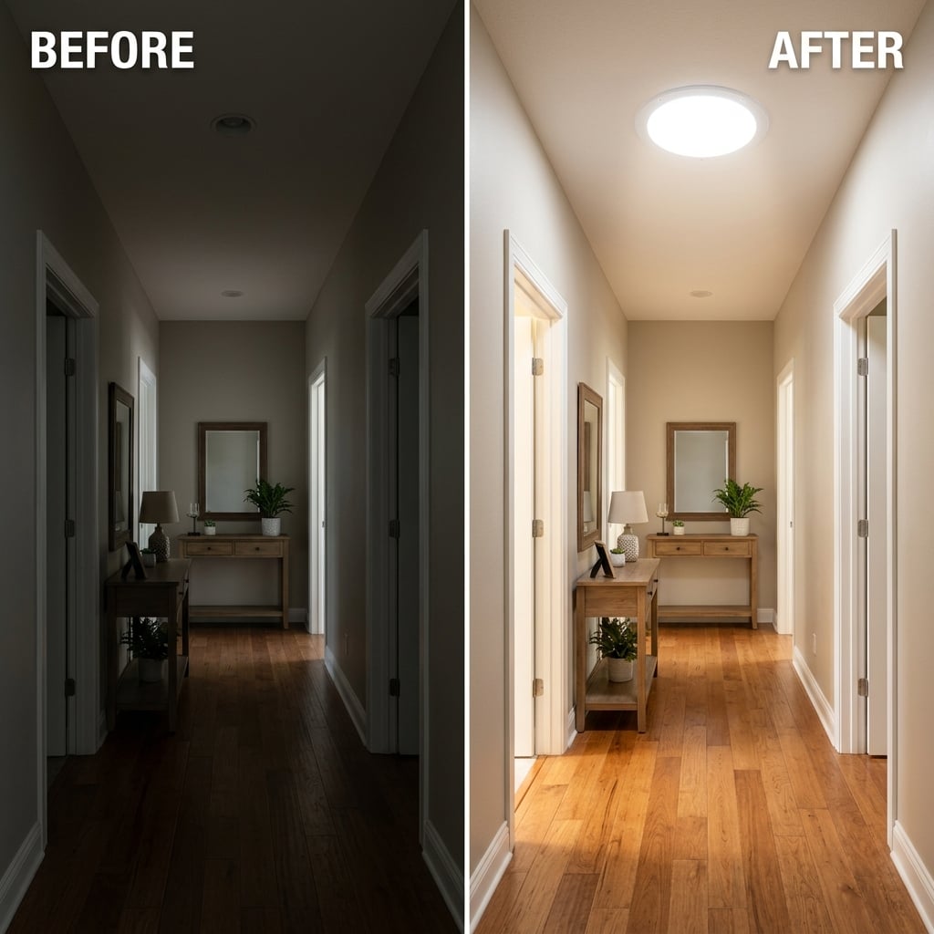 Hallway before and after Solatube installation