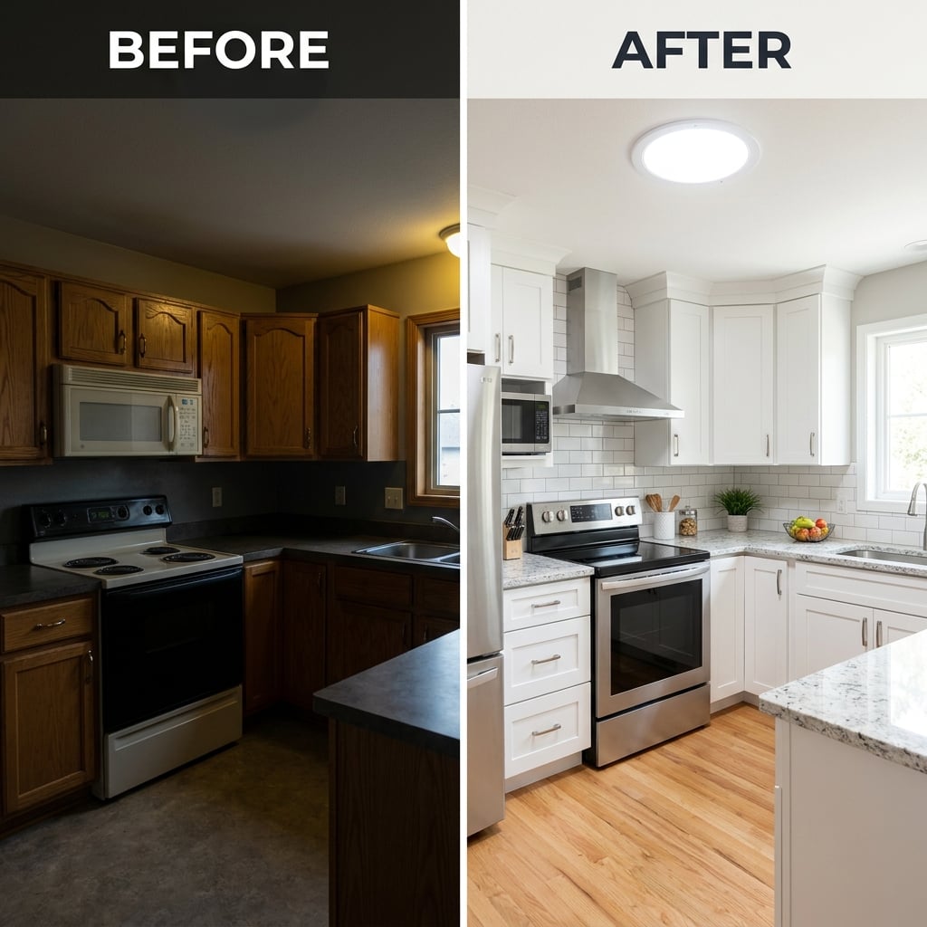 Kitchen before and after Solatube installation